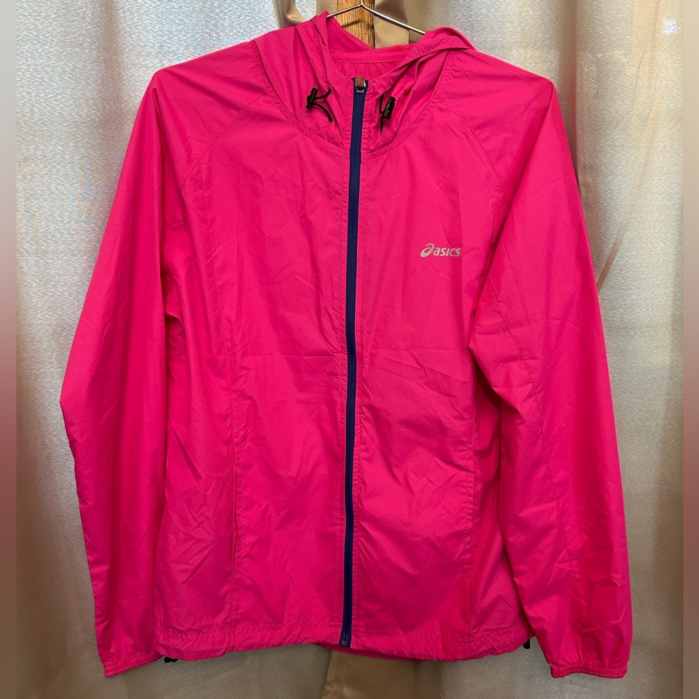 Asics Womens Full Zip Hooded Running Rain Jacket Windbreaker Pink, Medium